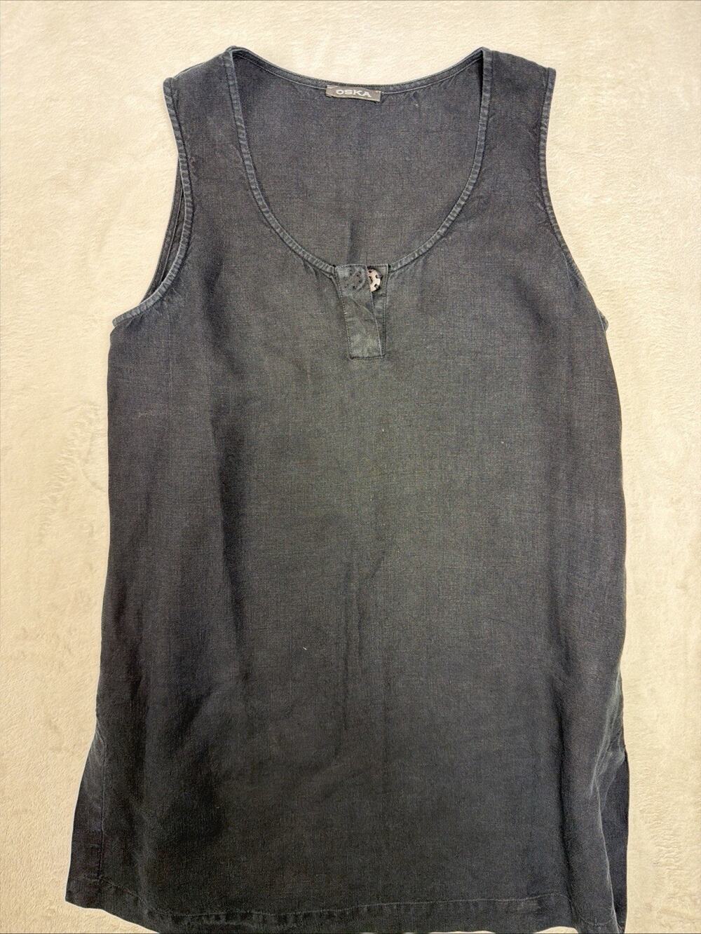 OSKA Black 100% Natural Linen Scoop Henley Neck Tank Top Blouse Size 8/10